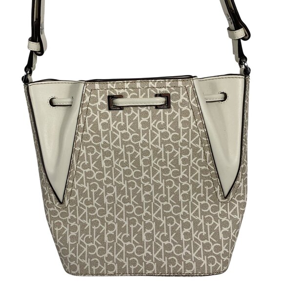 CALVIN KLEIN Taupe/Bone White CK Signature Logo Drawstring Bucket Shoulder Bag - Picture 6 of 14